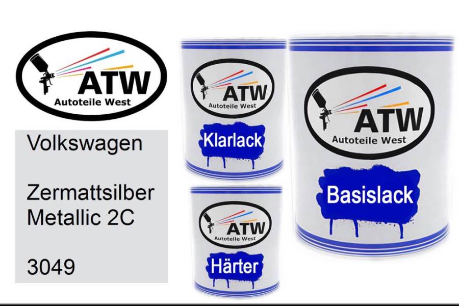 Volkswagen, Zermattsilber Metallic 2C, 3049: 1L Lackdose + 1L Klarlack + 500ml Härter - Set, von ATW Autoteile West.